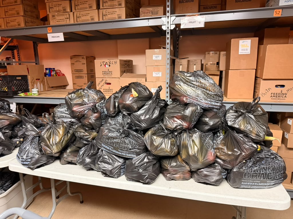 Bagged groceries ready for distribution at Interchange Food Pantry